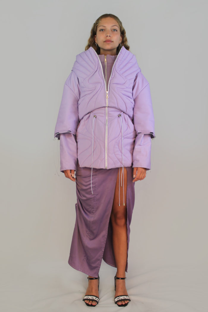 Lilac puffercoat with organic stitching, layered, double sleeve, cord details.