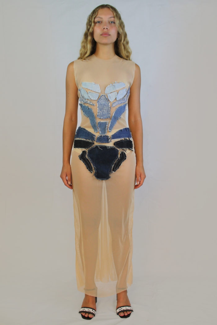 Nude seethrough dress with denim patchwork, Reconstruct Collective.