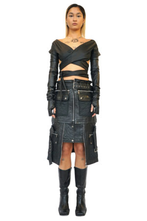 Long leather skirt, reconstructed, with belts and pocket details by Reconstruct Collective