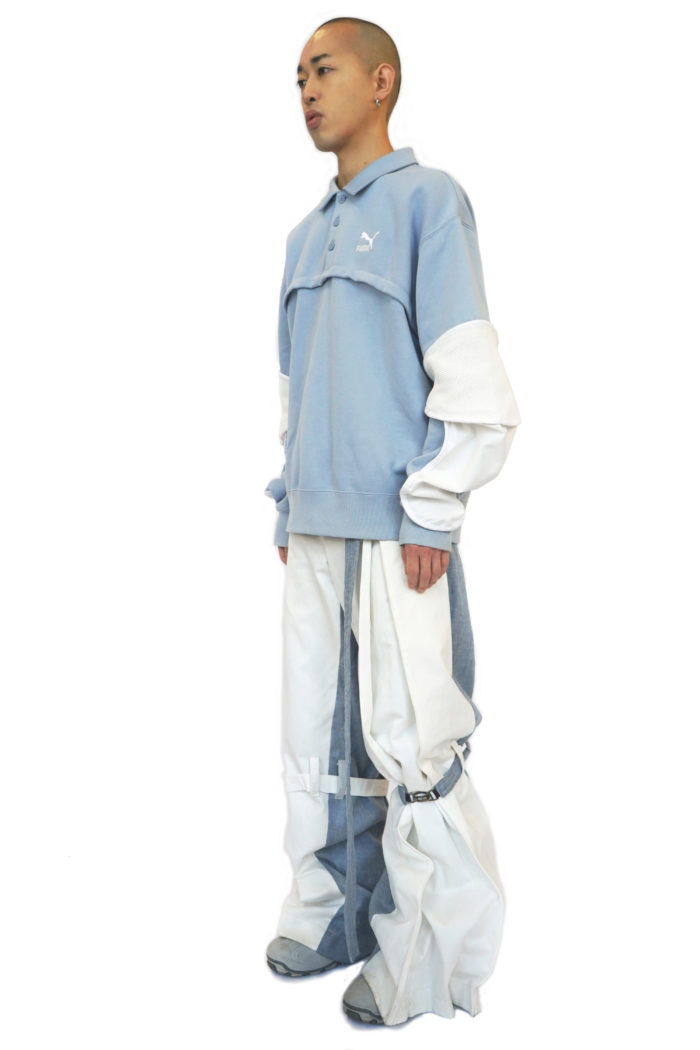 Reconstructed sweater, light blue, wide sleeves, oversized fit, brand Reconstruct Collective