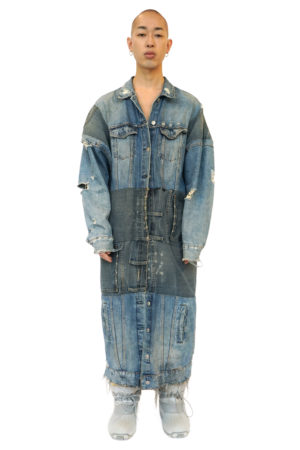 Long reconstructed denim coat from brand Reconstruct Collective.
