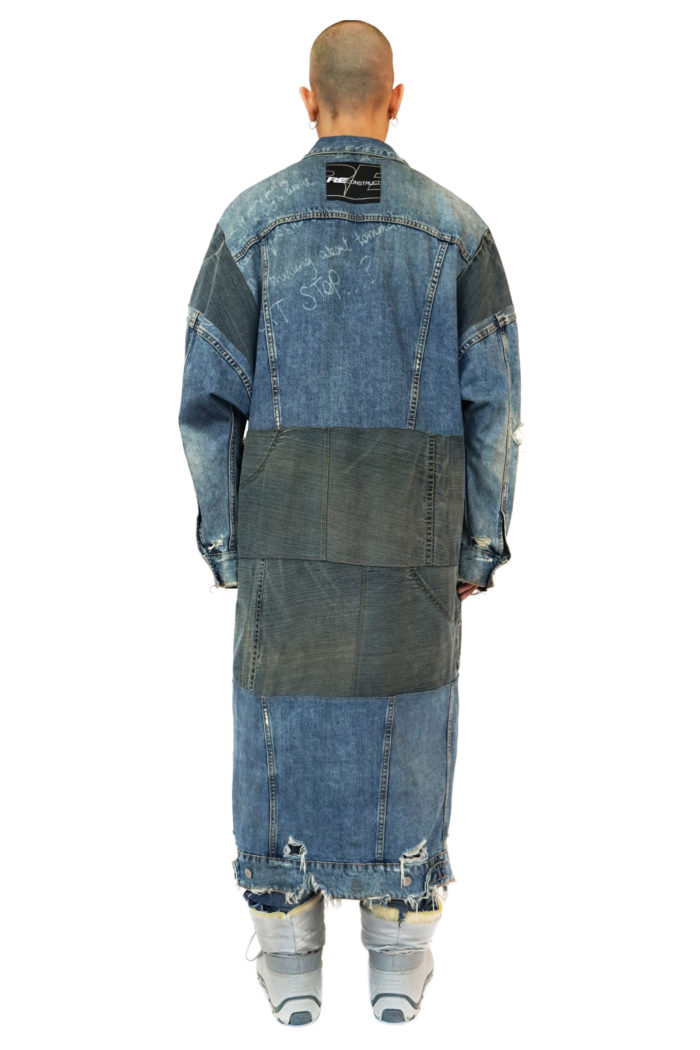 Long denim coat with drop shoulder, made from waste denim, sustainable fashion
