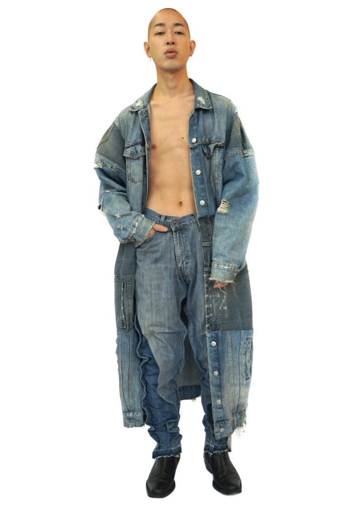 Long denim coat reconstructed from waste jeans, denim patchwork, brand Reconstruct