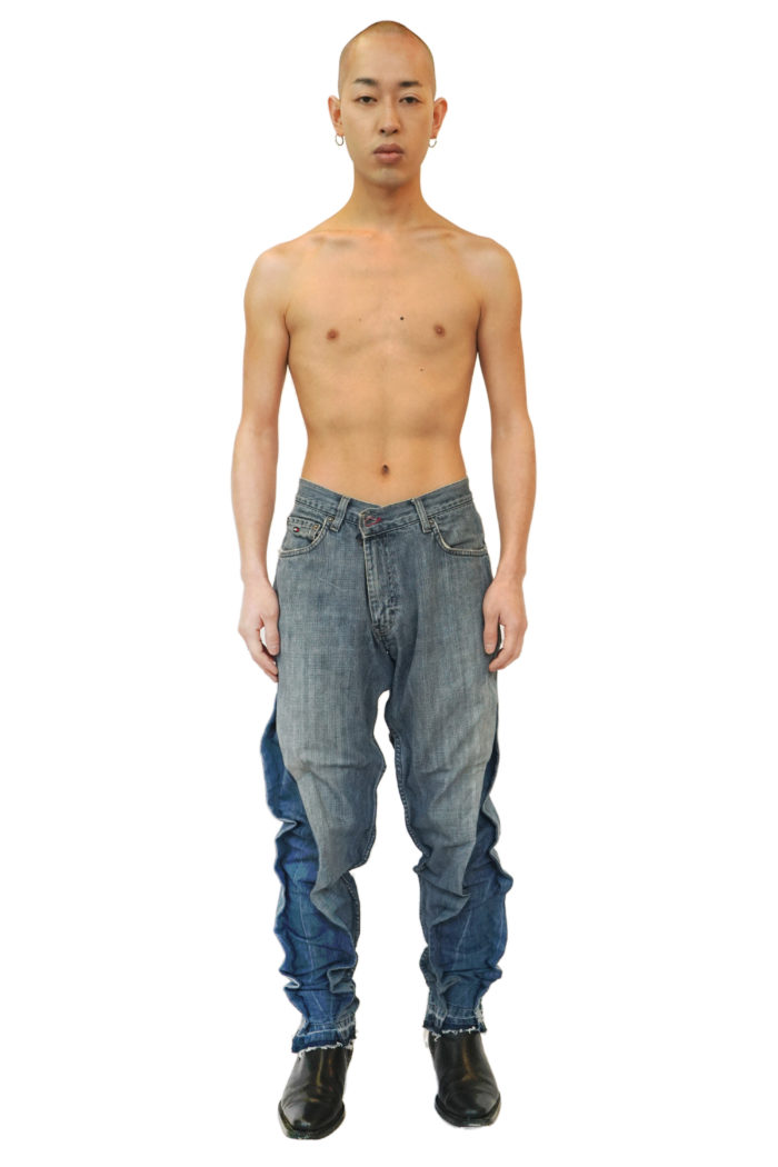 Twisted trousers made from waste jeans, brand Reconstruct Collective.