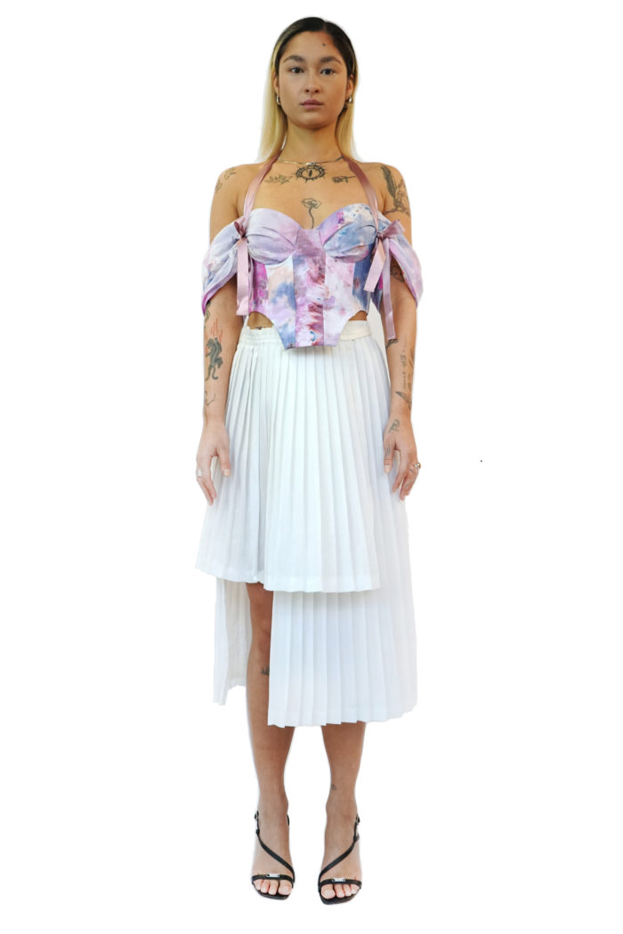 Asymmetric pleated skirt, white, sustainable fashion by Reconstruct Collective.