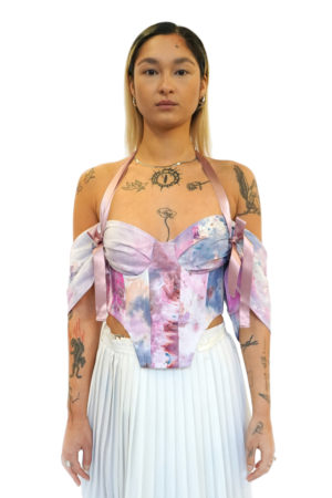 Ice dye corset with dropped shoulders, dreamy pastel colors by Reconstruct.