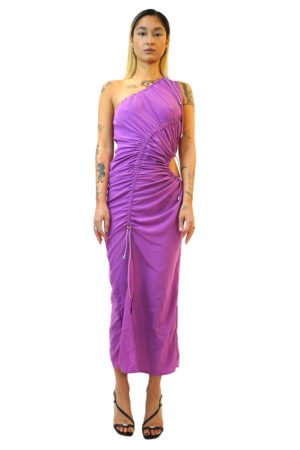 One shoulder dress, magenta with cutout details and drawstrings by Reconstruct.