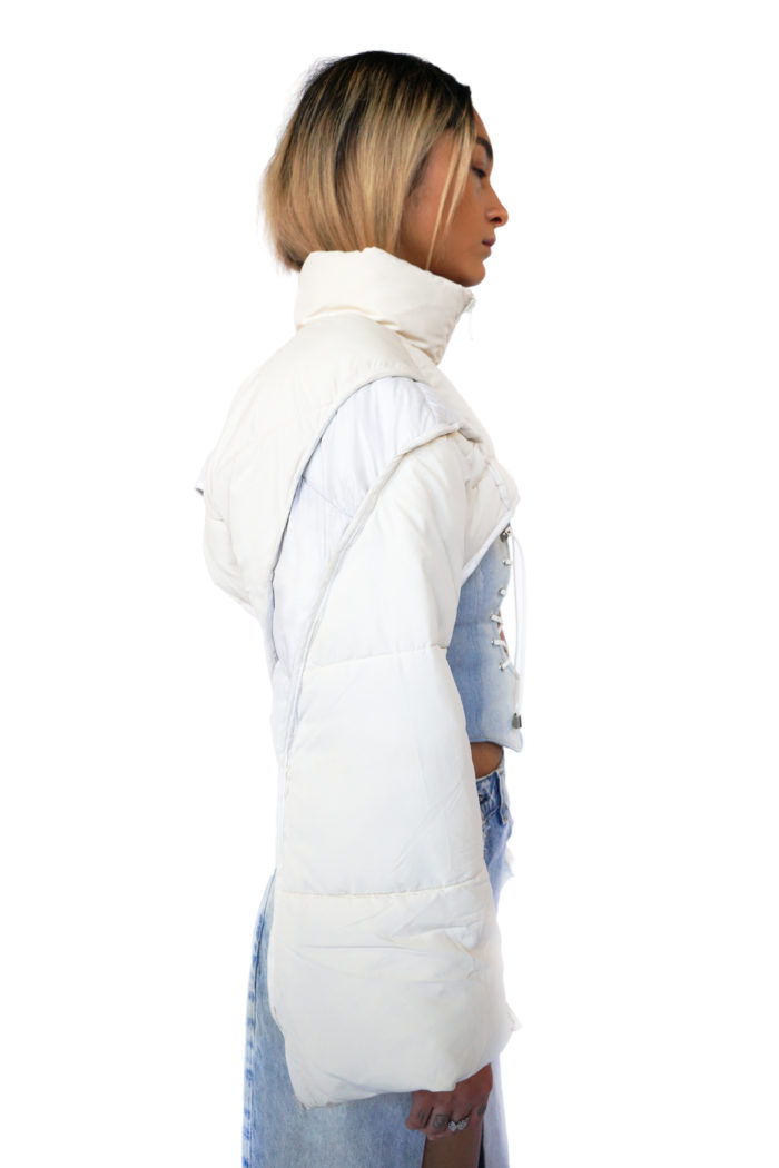 Cropped white puffer coat with wide sleeves reconstructed from overstock.