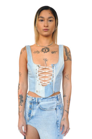 Denim corset with cord details at the front, sustainable fashion by Reconstruct.