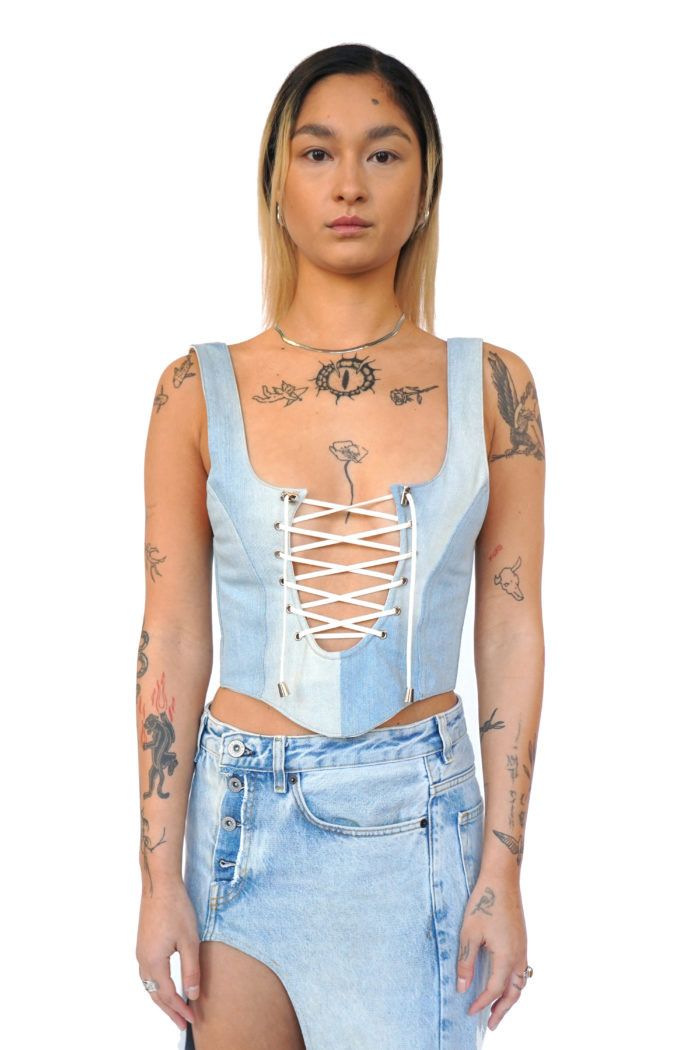 Denim corset with cord details at the front, sustainable fashion by Reconstruct.