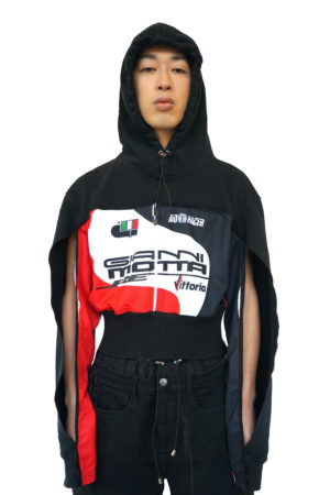 Reconstruct Open Sleeve Racer Hoodie. Patchwork hoodie from bio coton with open sleeve details, slightly cropped fit. Zipper detail in front, upcycled from gianni motta race cycling gear. Unisex item.
