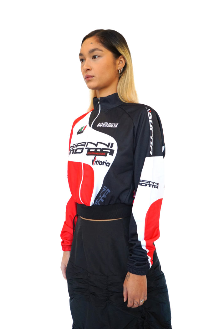 Reconstruct Zipper racer long sleeve, with fleece lining. Unisex fit, upcycled from gianni motta race cycling gear.