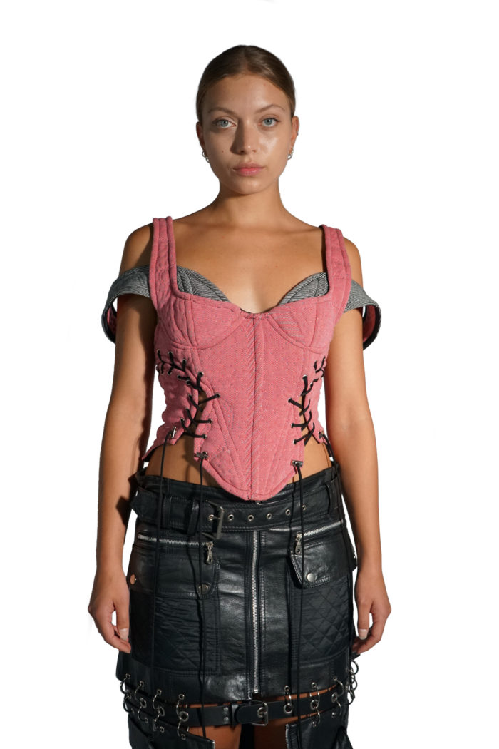 Laced corset with hanging shoulder made from 3d knit overstock of Byborre