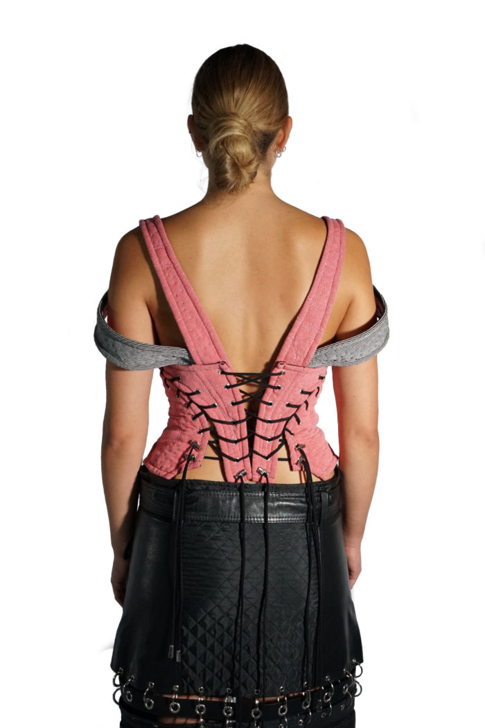 Padded salmon/grey corset with a lot of black lacing details