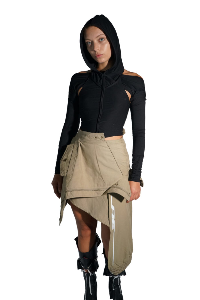 Reconstructed skirt with detailed layers made sustainably from waste coats