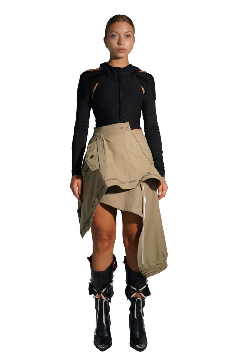 Deconstructed layered skirt made from waste coat panels by Reconstruct