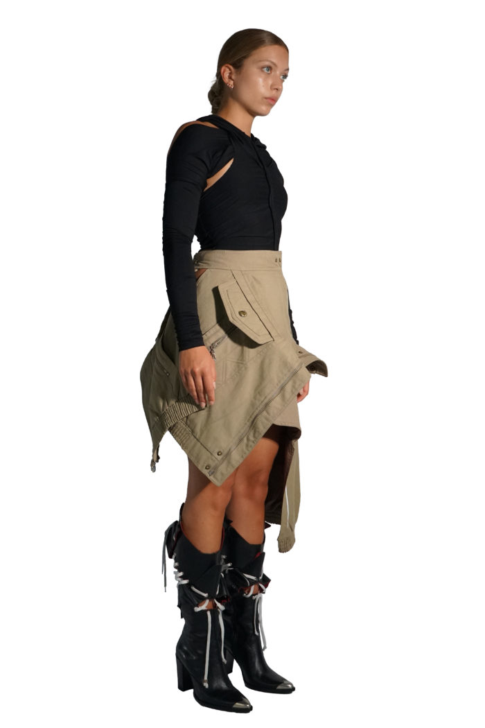 Green layered skirt made from overstock coats with pocket and zipper details