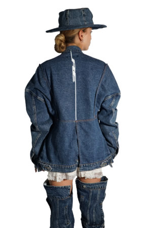 Denim boater hat and a layered denim coat with drop shoulder