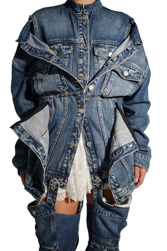 Details of a deconstructed layered denim jacket by Reconstruct