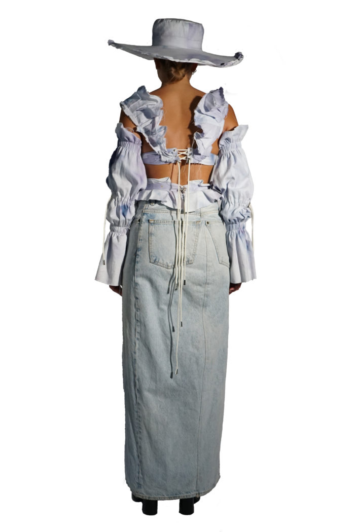 Dreamy ruffle ice dye top, with matching hat and long deconstructed denim skirt