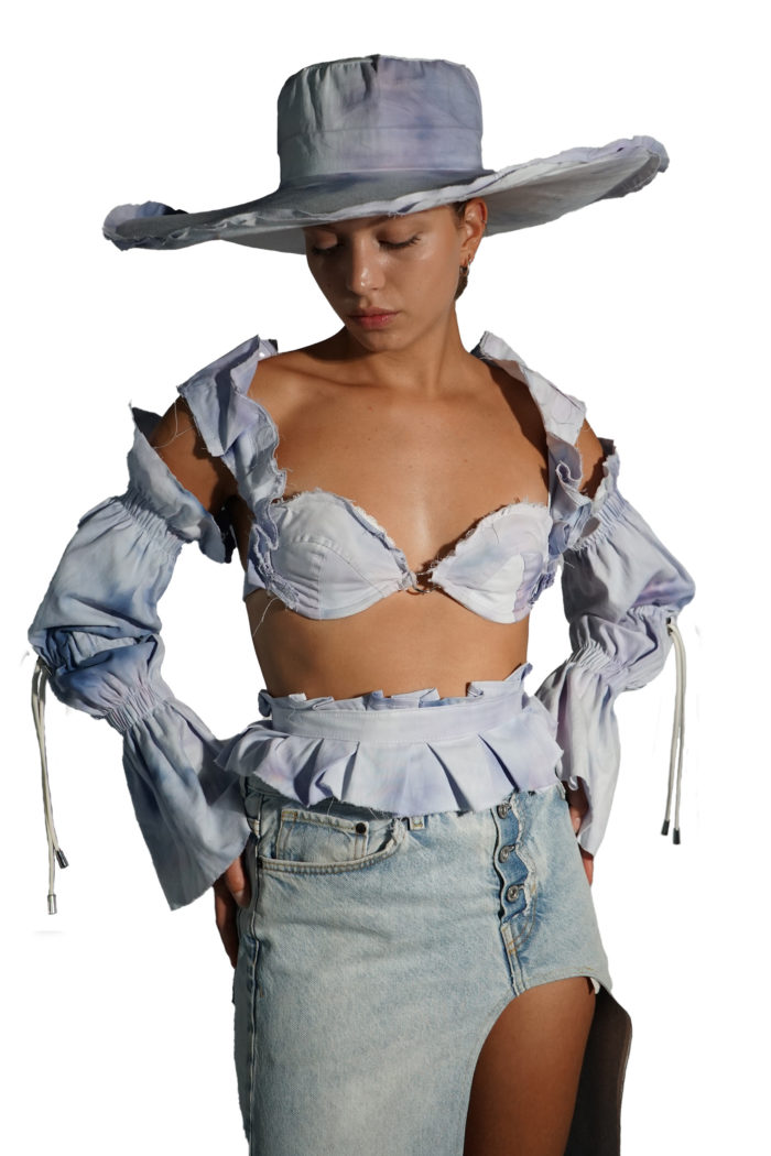 Dreamy ruffle top made from waste cotton fabric, dyed by hand