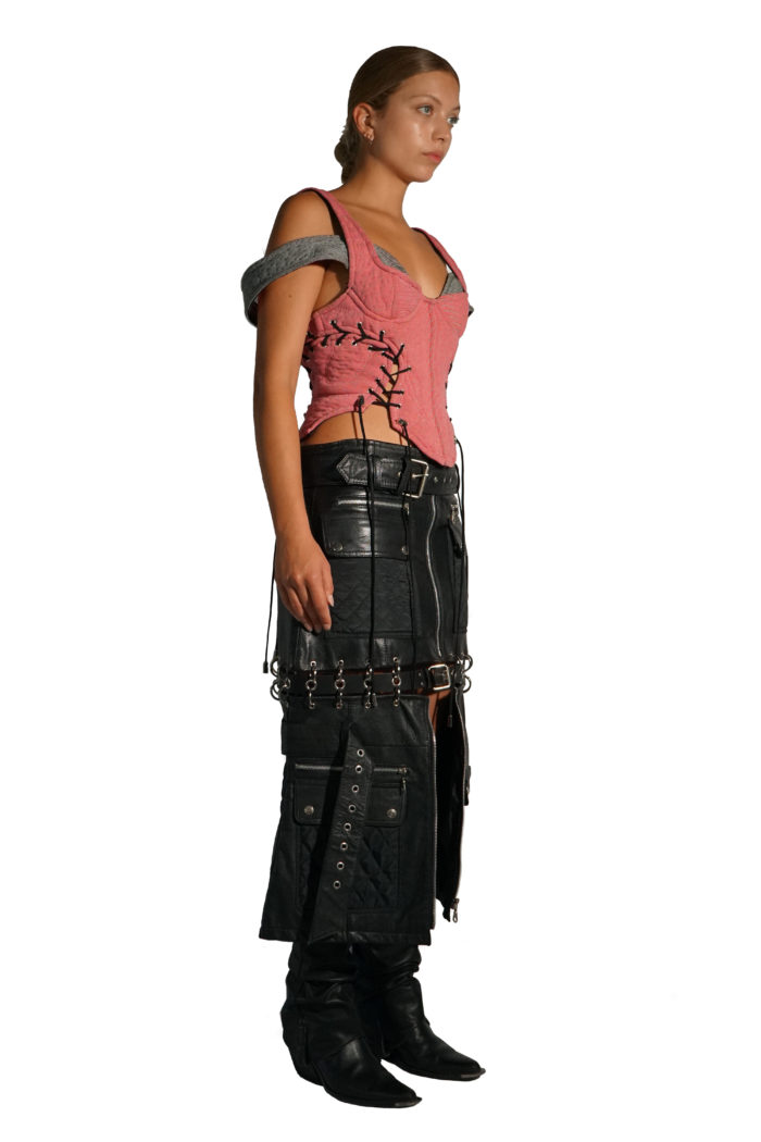 Black leather skirt with belts, pockets and rings, cut from overstock leather jackets