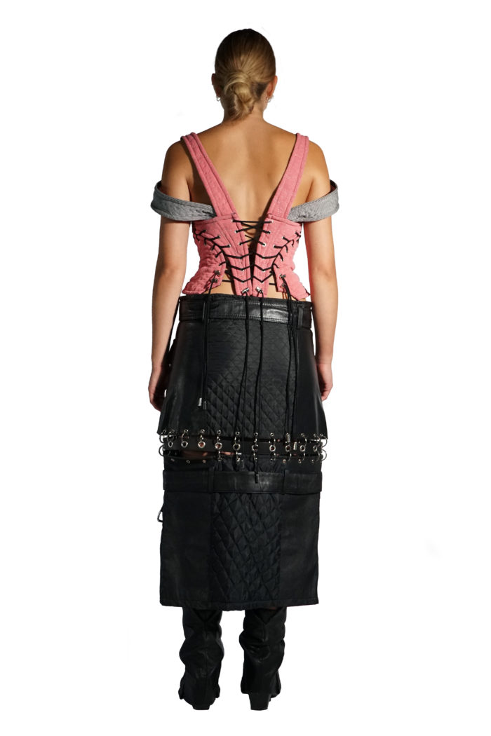 Deconstructed leather skirt made from overstock leather gilets by Reconstruct