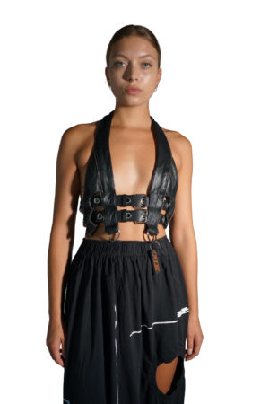 Deconstructed leather top with zipper and belt details by Reconstruct