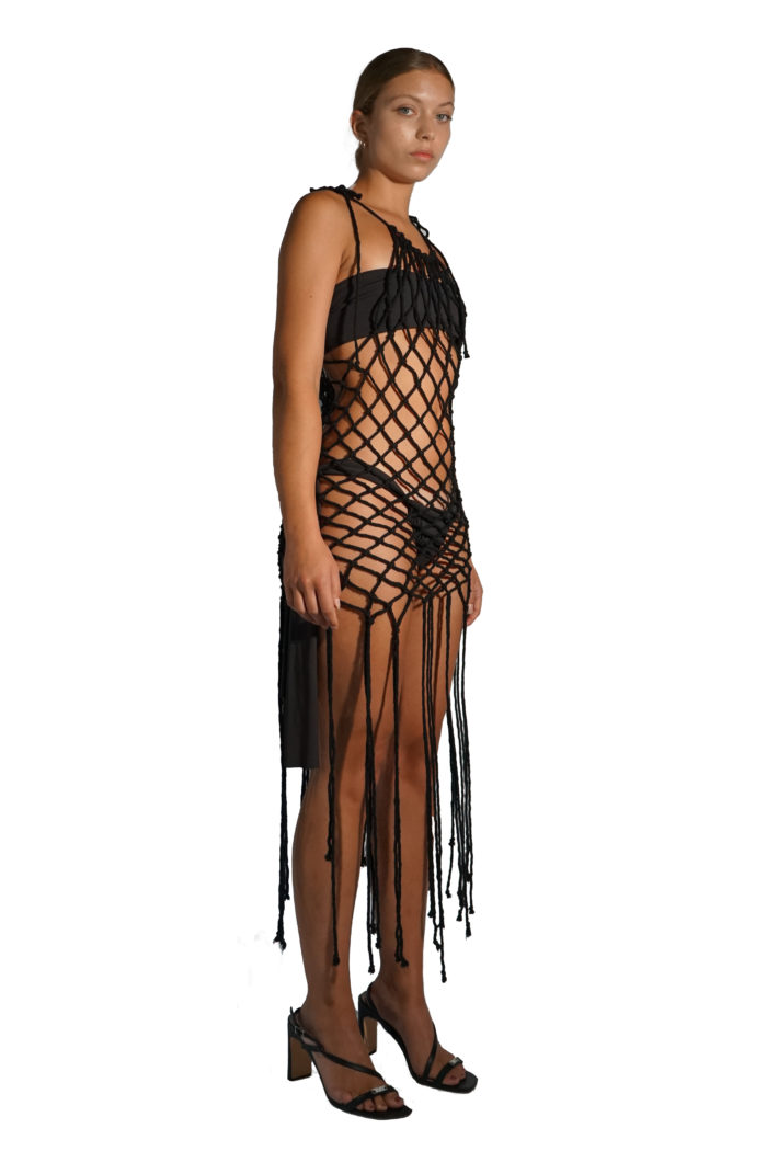 Hand knotted macramé dress to layer over bikini or outfit by Reconstruct