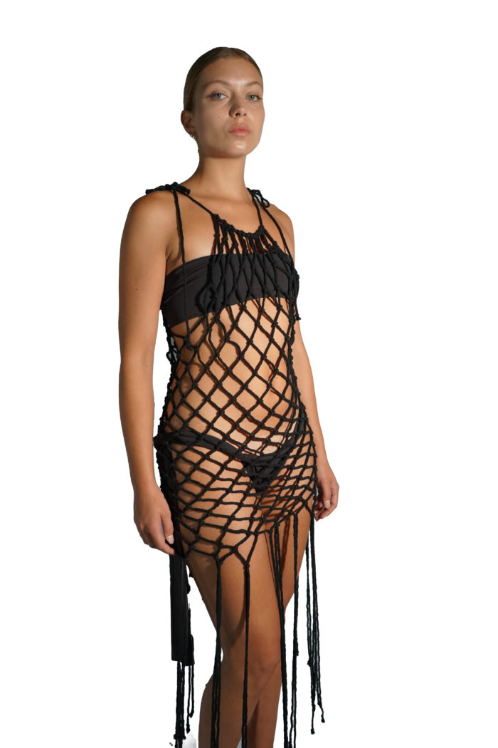 Macramé mesh dress in black, perfect for beachwear or layered over your outfit
