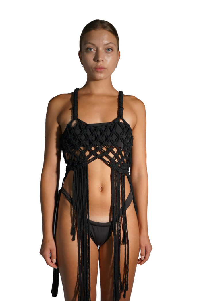 Hand knotted black macramé top made from a soft cotton cord, sustainably made.