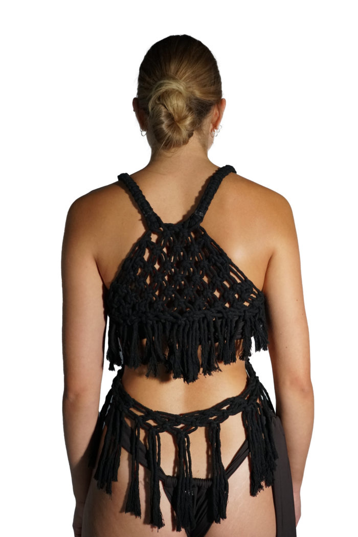 Hand knotted black macramé top made from a soft cotton cord, sustainably made.