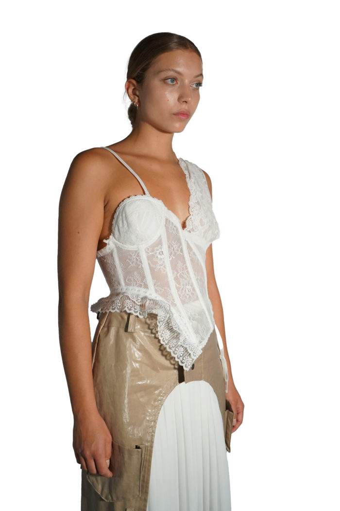 Asymmetric corset with ruffles and lace details by Reconstruct