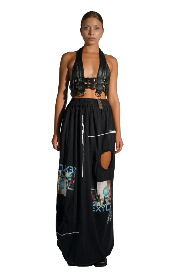Deconstructed long skirt made from waste T-shirts with hole details