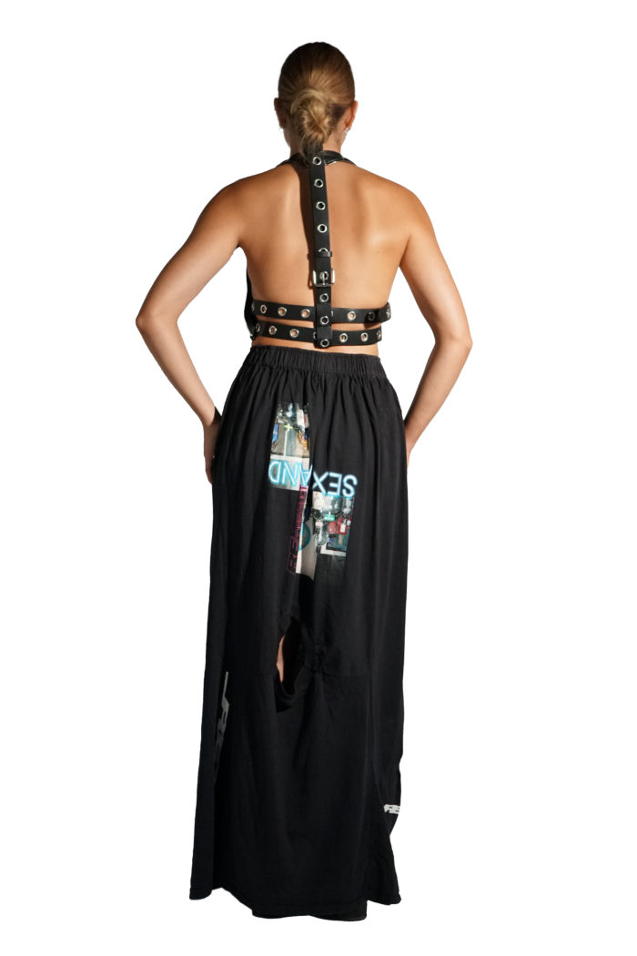 Sustainable long black jersey skirt made from T-shirt panels